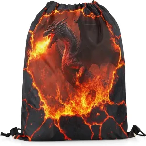 Black Dragon Waterproof Drawstrings Backpacks,Red Flame Volcano Eruption Lava 3D Print Bags for Shopping Travelling,Natural Disaster Dragon Mystic Animal Sackpacks Gym Swim Packs Daypack