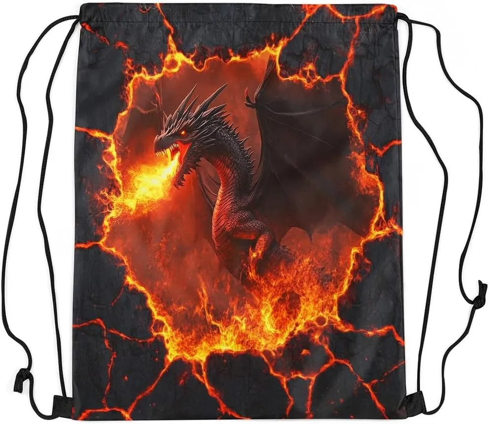 Black Dragon Waterproof Drawstrings Backpacks,Red Flame Volcano Eruption Lava 3D Print Bags for Shopping Travelling,Natural Disaster Dragon Mystic Animal Sackpacks Gym Swim Packs Daypack
