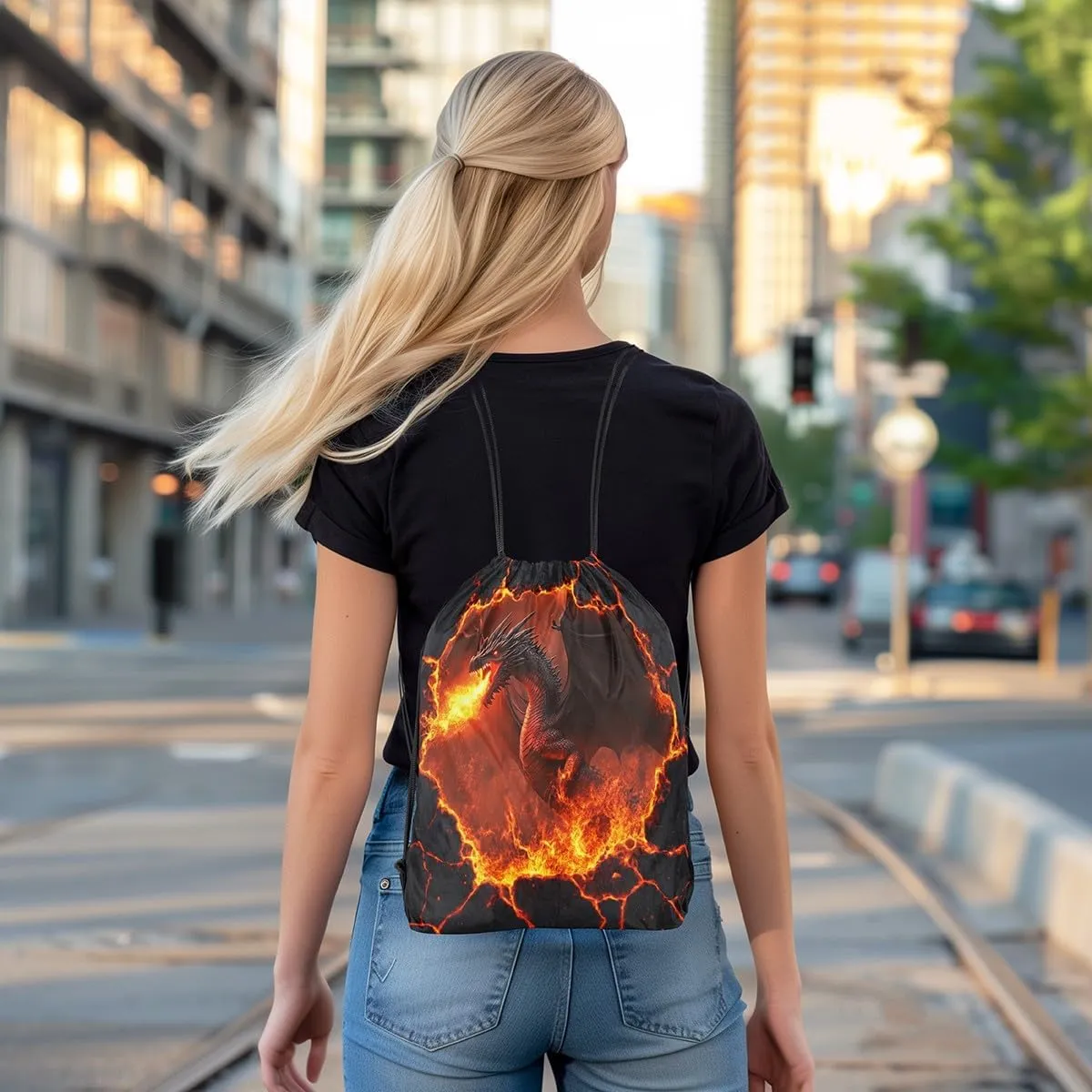 Black Dragon Waterproof Drawstrings Backpacks,Red Flame Volcano Eruption Lava 3D Print Bags for Shopping Travelling,Natural Disaster Dragon Mystic Animal Sackpacks Gym Swim Packs Daypack