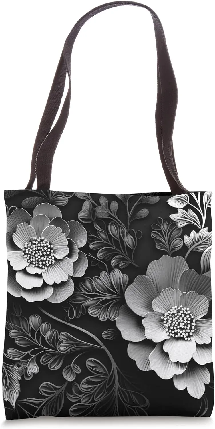 Black Lace White Floral Vintage Pattern Tote Bag