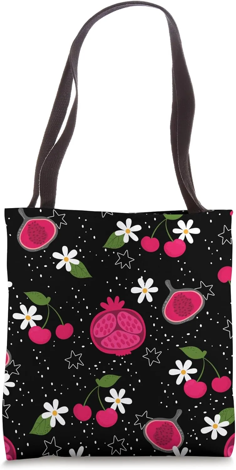 black pomegranate fruit cherry floral daisy Tote Bag