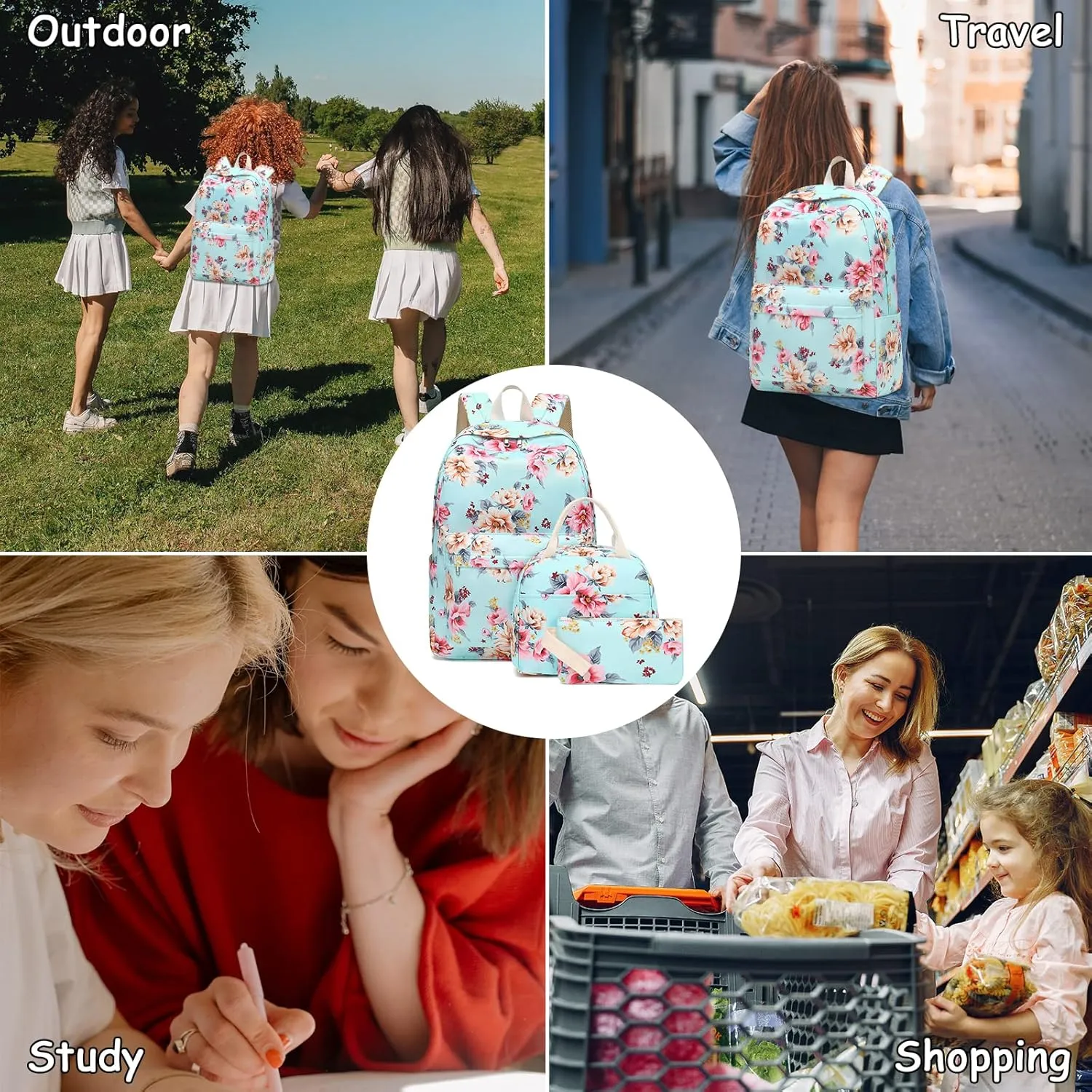 Bluboon School Backpack Set Girls Womens Laptop Bookbag Casual Daypack Fits 15 inch Laptop with Lunch Tote Bag and Pencil Bag