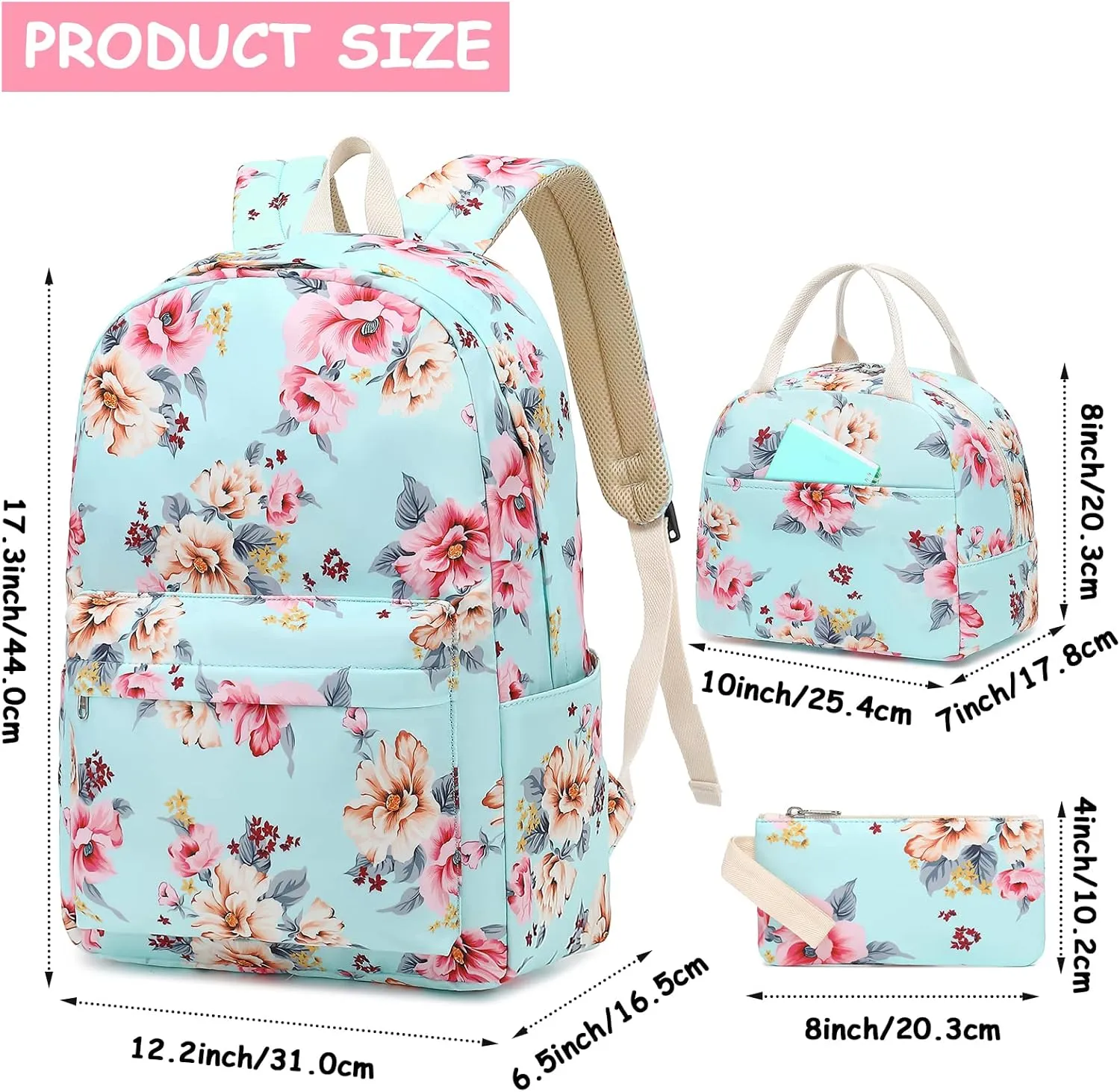Bluboon School Backpack Set Girls Womens Laptop Bookbag Casual Daypack Fits 15 inch Laptop with Lunch Tote Bag and Pencil Bag
