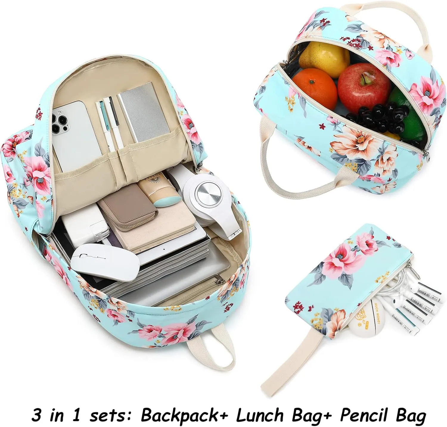 Bluboon School Backpack Set Girls Womens Laptop Bookbag Casual Daypack Fits 15 inch Laptop with Lunch Tote Bag and Pencil Bag