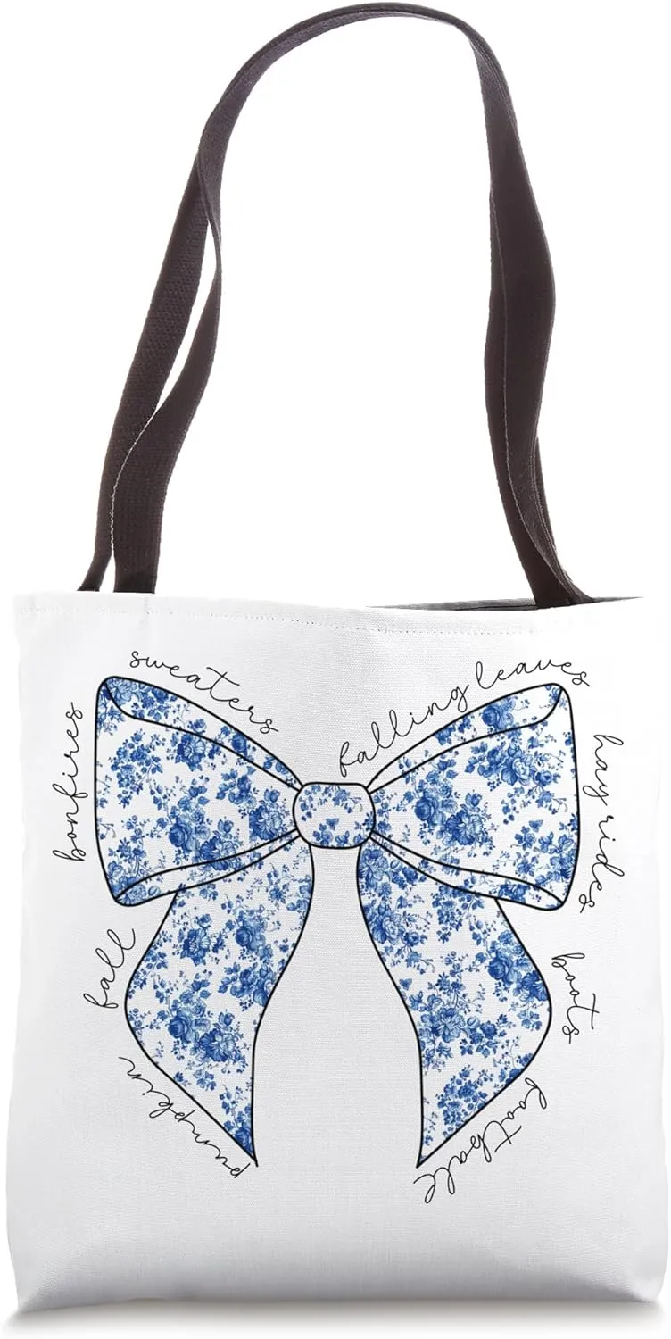 Blue Floral Fall Coquette Bow Vintage Chateau Toile Autumn Tote Bag