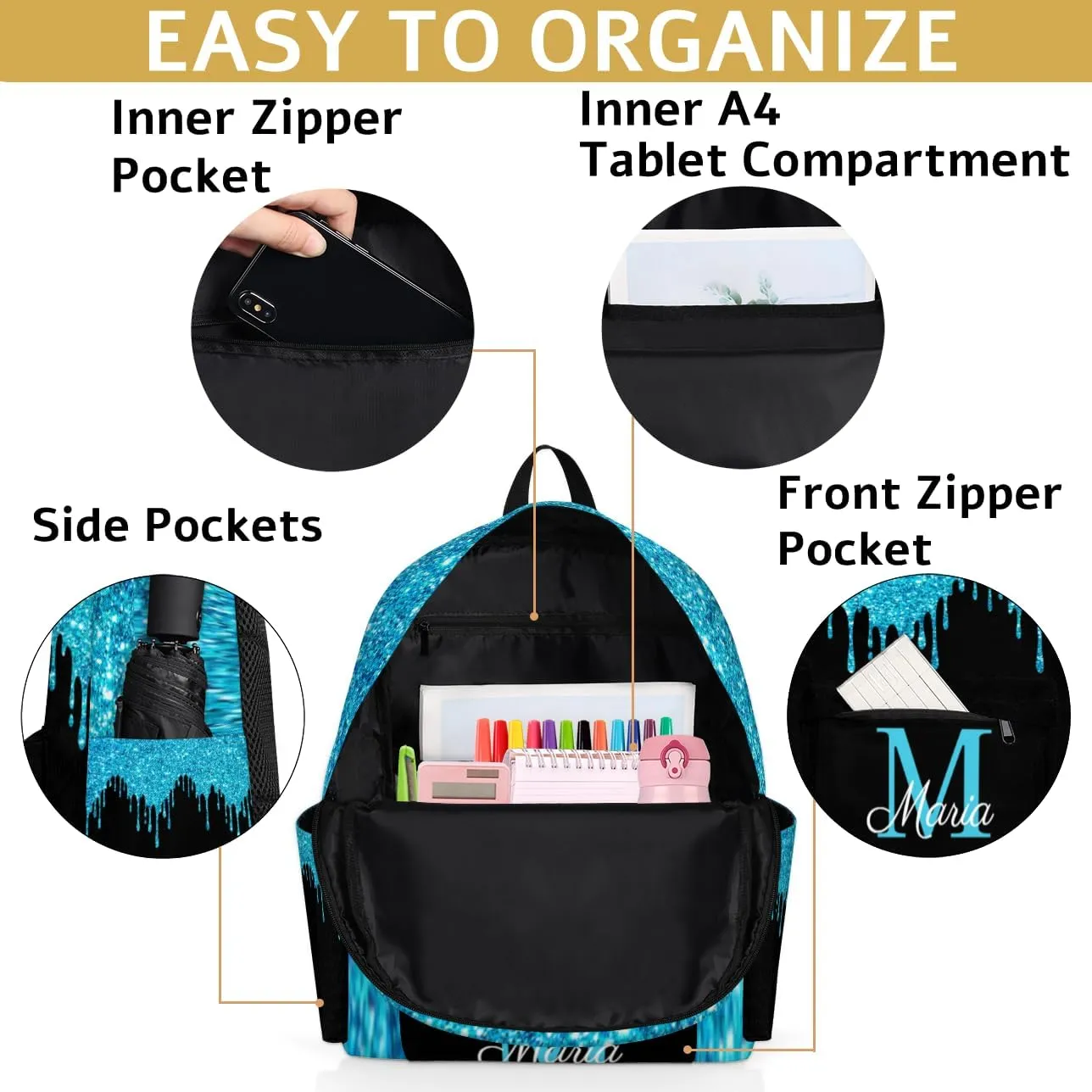 Blue Glitter Customized Kids Backpack for Boys Girls Shiny Theme Personalized Preschool Toddler Backpack Kindergarten Nursery Bookbag Travel Children School Bag