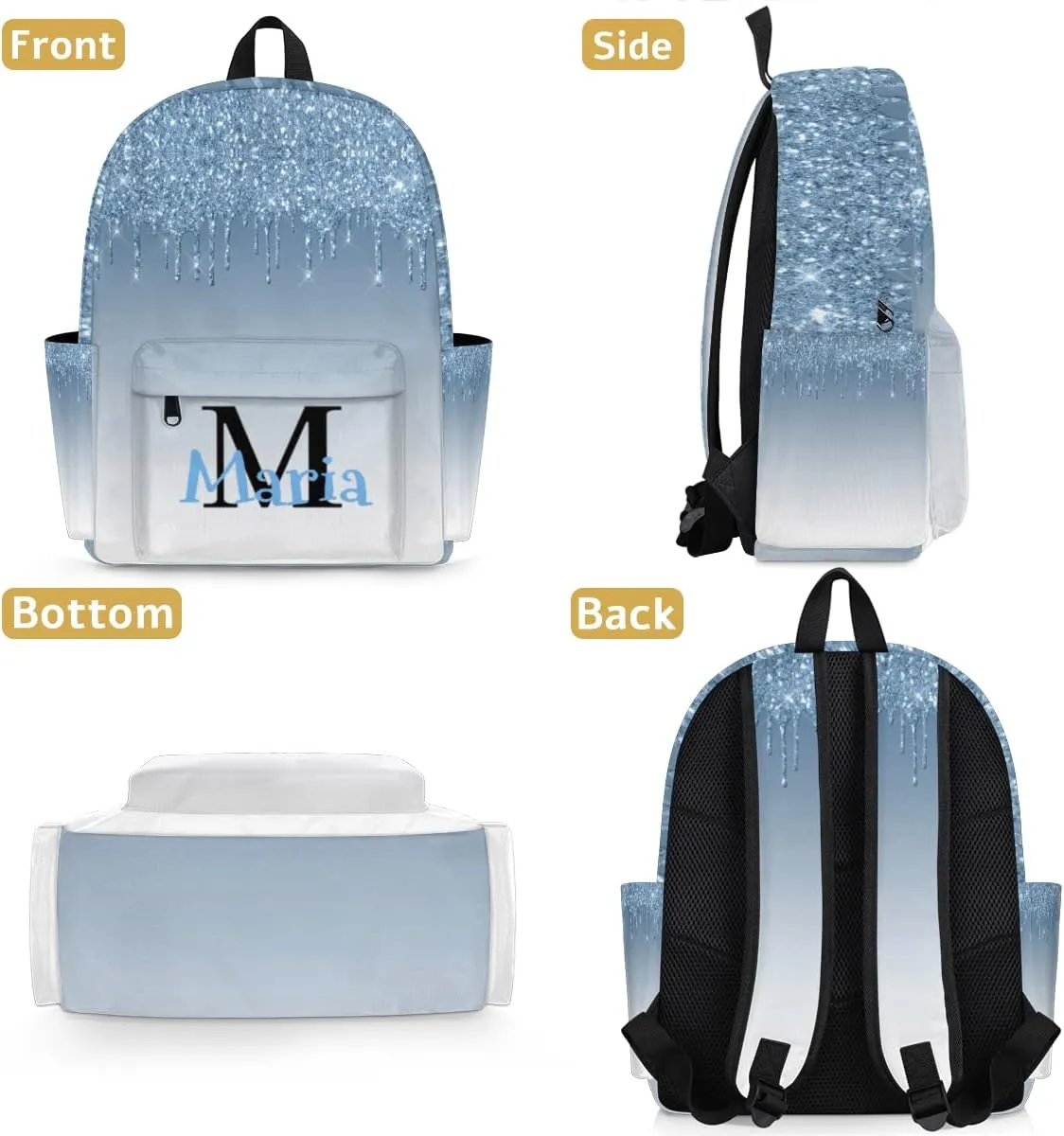 Blue Gray Glitter Customized Kids Backpack for Boys Girls Personalized Preschool Toddler Backpack Kindergarten Nursery Bookbag Travel Children School Bag