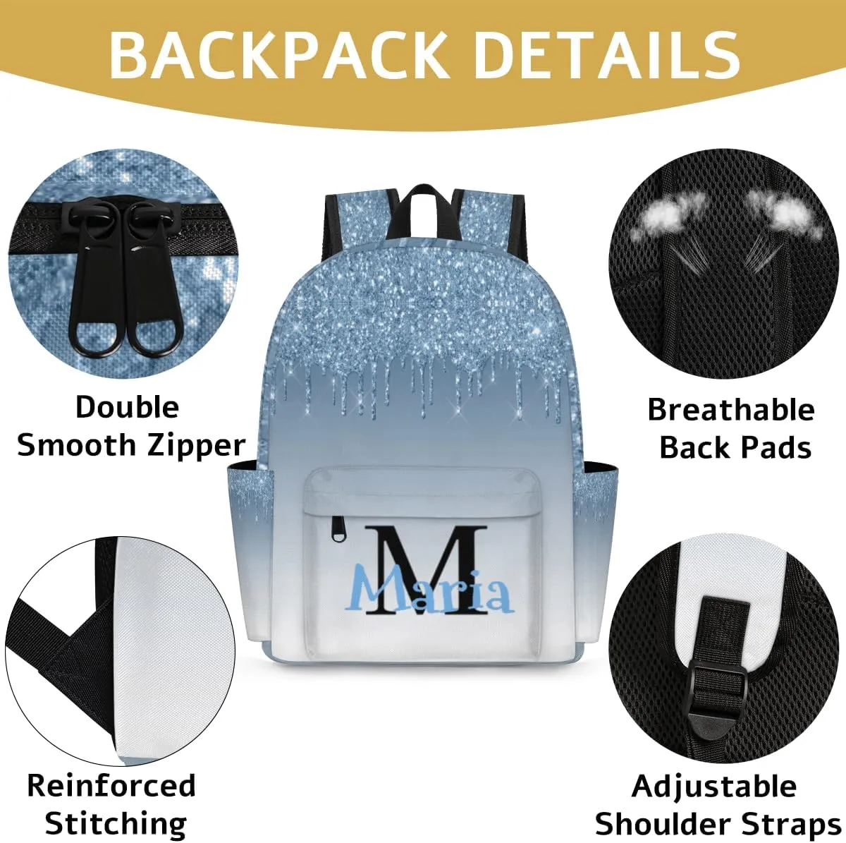 Blue Gray Glitter Customized Kids Backpack for Boys Girls Personalized Preschool Toddler Backpack Kindergarten Nursery Bookbag Travel Children School Bag