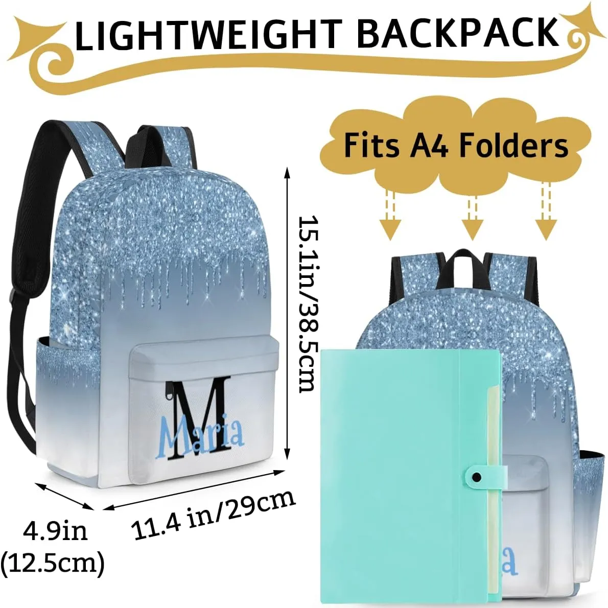 Blue Gray Glitter Customized Kids Backpack for Boys Girls Personalized Preschool Toddler Backpack Kindergarten Nursery Bookbag Travel Children School Bag