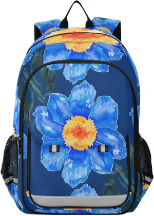 Blue Watercolor Flowers Kids Bookbags, Cool Backpacks for Boys, Backpack for Little Girls