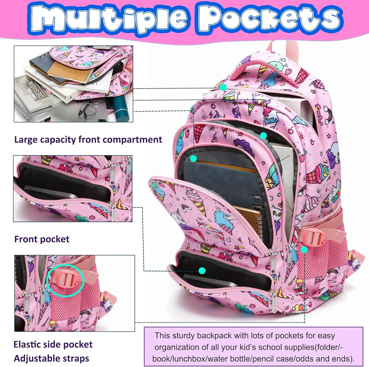 BLUEFAIRY School Backpack for Girls Kids Elementary Primary School Book Bag Unicorn Ice Cream Cute Back to School Bags Mochila Escolares para Niñas17 Pink