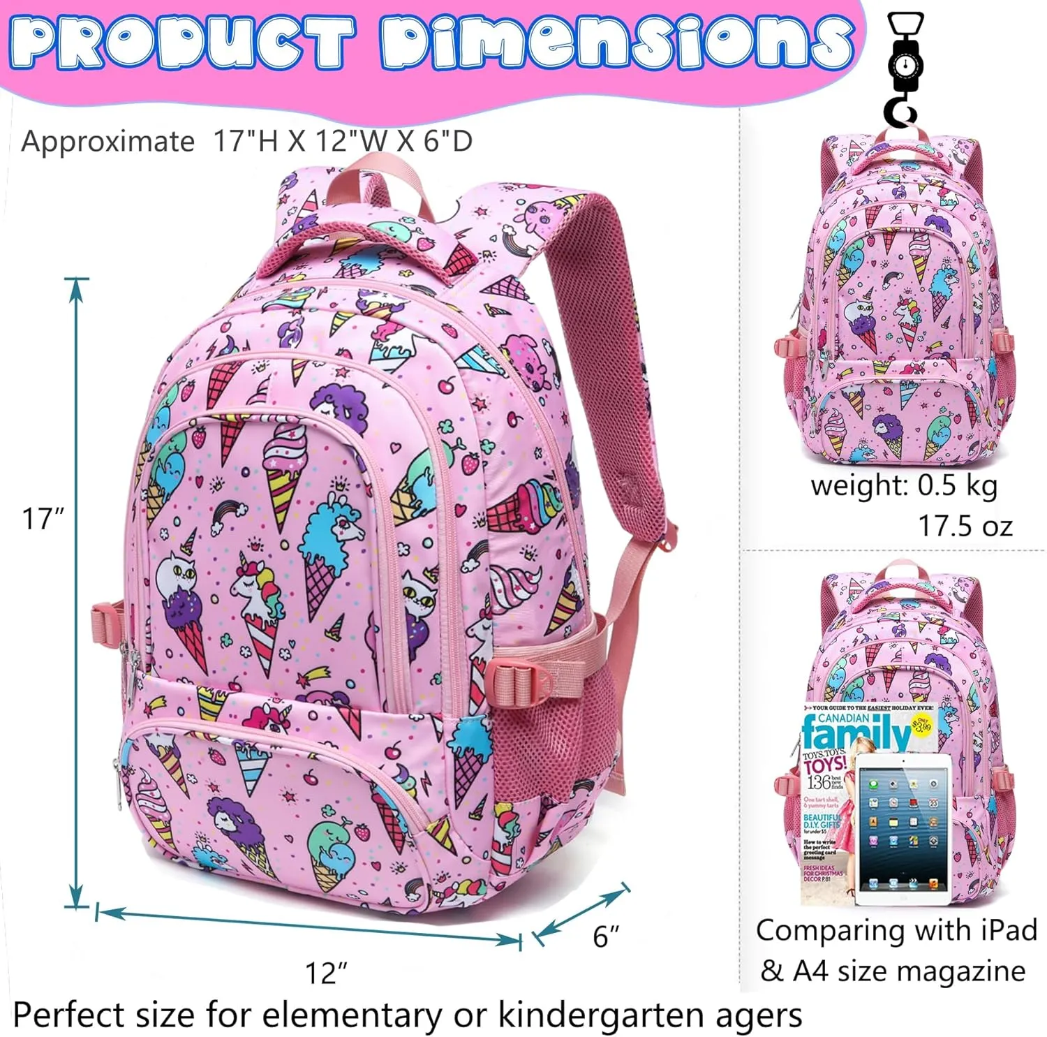 BLUEFAIRY School Backpack for Girls Kids Elementary Primary School Book Bag Unicorn Ice Cream Cute Back to School Bags Mochila Escolares para Niñas17 Pink