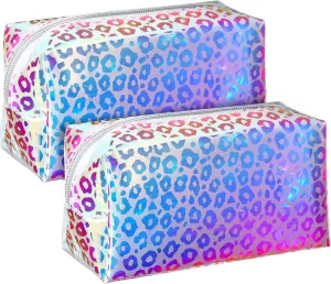 Boao 2 Pcs Clear Iridescent Holographic Makeup Bag Glitter Travel Cosmetic Pouches Toiletry Bag with Zipper Toiletry Organizer Case for Purse Diaper Beach Office Gift(Leopard)