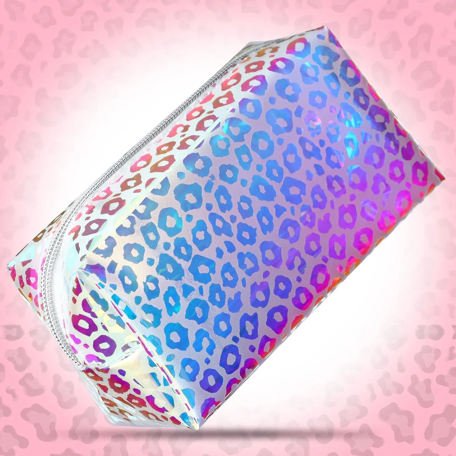 Boao 2 Pcs Clear Iridescent Holographic Makeup Bag Glitter Travel Cosmetic Pouches Toiletry Bag with Zipper Toiletry Organizer Case for Purse Diaper Beach Office Gift(Leopard)