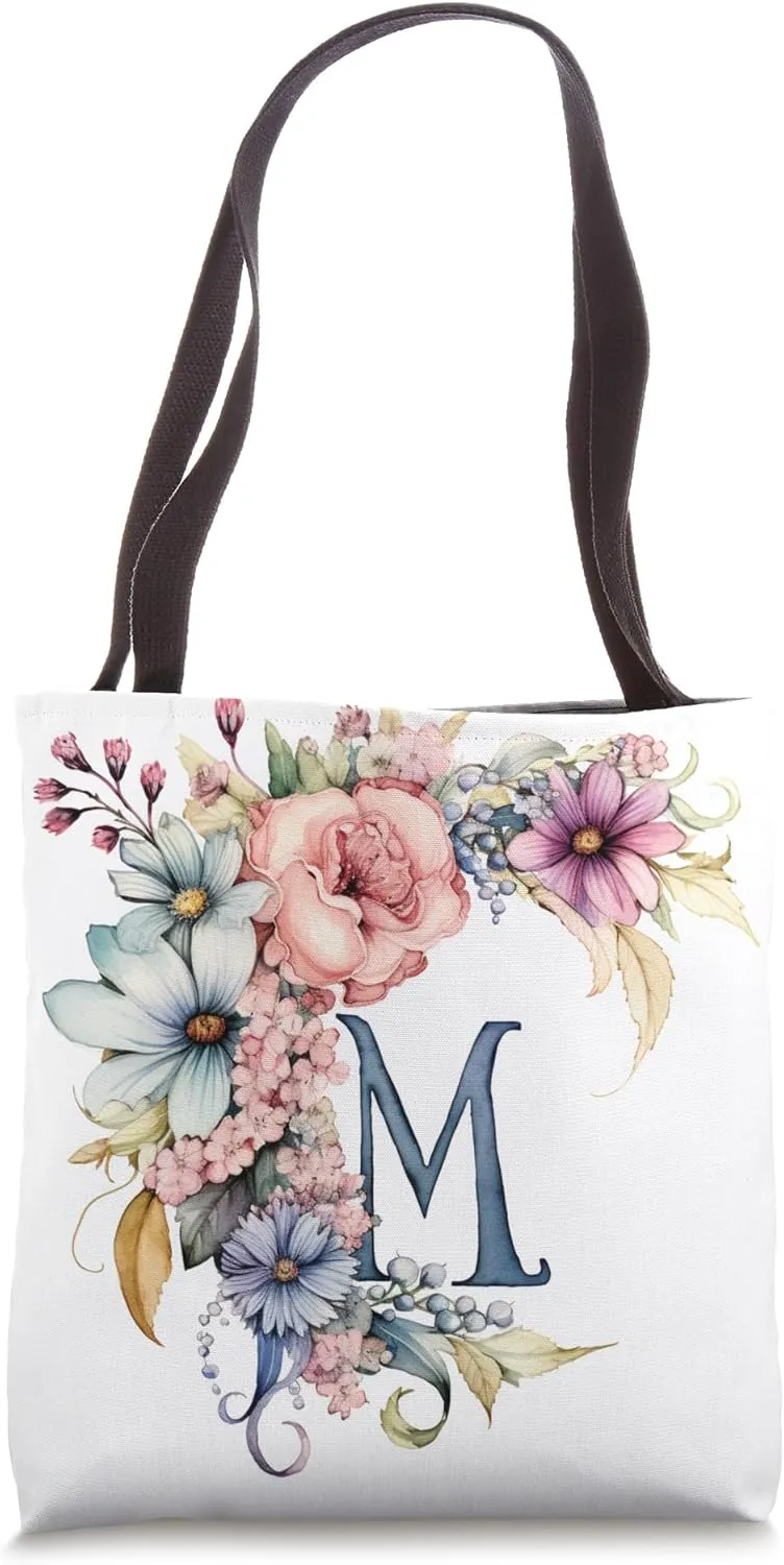 Boho Chic Floral Wreath Latter M Cute Pastel Tote Bag