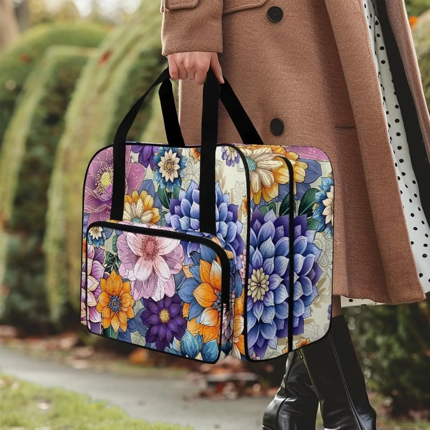 Boho Floral Sewing Machine Carrying Case Tote Bag Padded Storage Cover Carrying Case with Pockets and Handles Suitable for Most Standard Sewing Machine