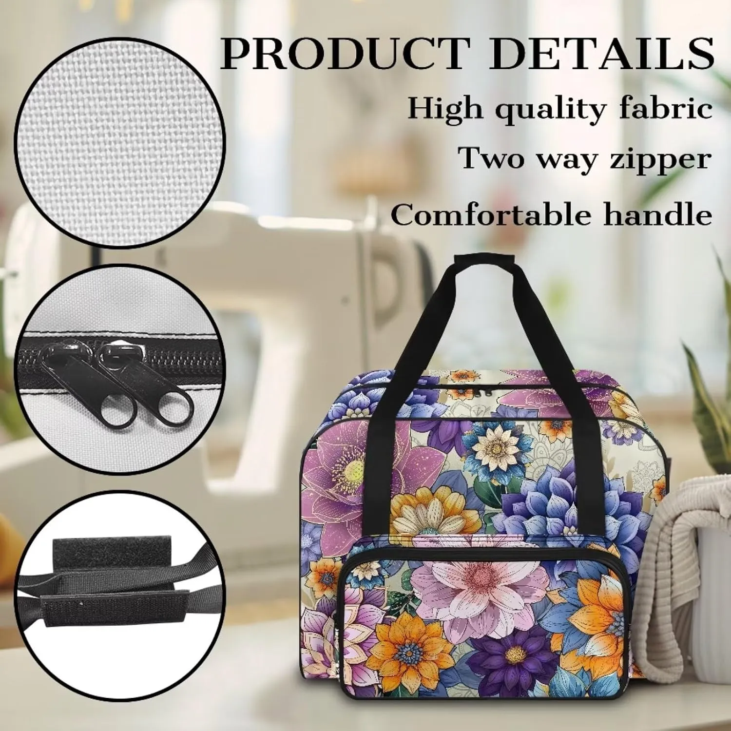 Boho Floral Sewing Machine Carrying Case Tote Bag Padded Storage Cover Carrying Case with Pockets and Handles Suitable for Most Standard Sewing Machine