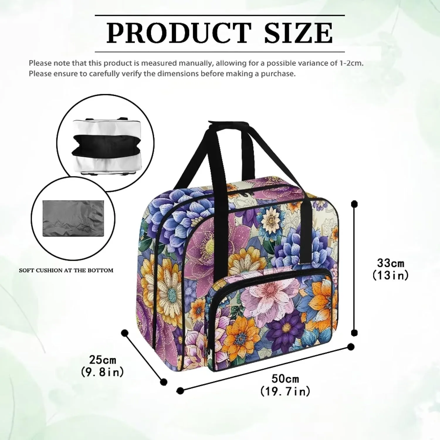 Boho Floral Sewing Machine Carrying Case Tote Bag Padded Storage Cover Carrying Case with Pockets and Handles Suitable for Most Standard Sewing Machine