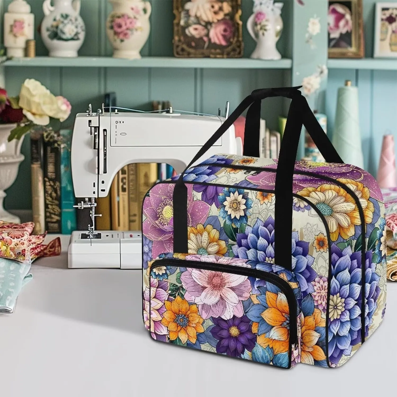 Boho Floral Sewing Machine Carrying Case Tote Bag Padded Storage Cover Carrying Case with Pockets and Handles Suitable for Most Standard Sewing Machine