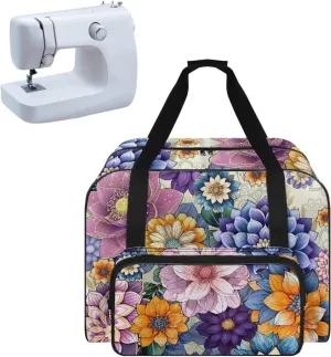 Boho Floral Sewing Machine Carrying Case Tote Bag Padded Storage Cover Carrying Case with Pockets and Handles Suitable for Most Standard Sewing Machine