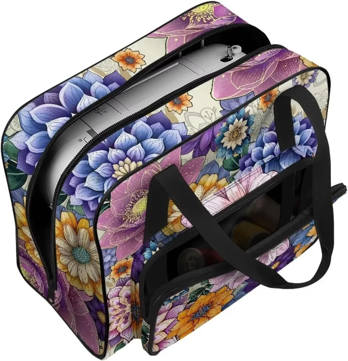 Boho Floral Sewing Machine Carrying Case Tote Bag Padded Storage Cover Carrying Case with Pockets and Handles Suitable for Most Standard Sewing Machine
