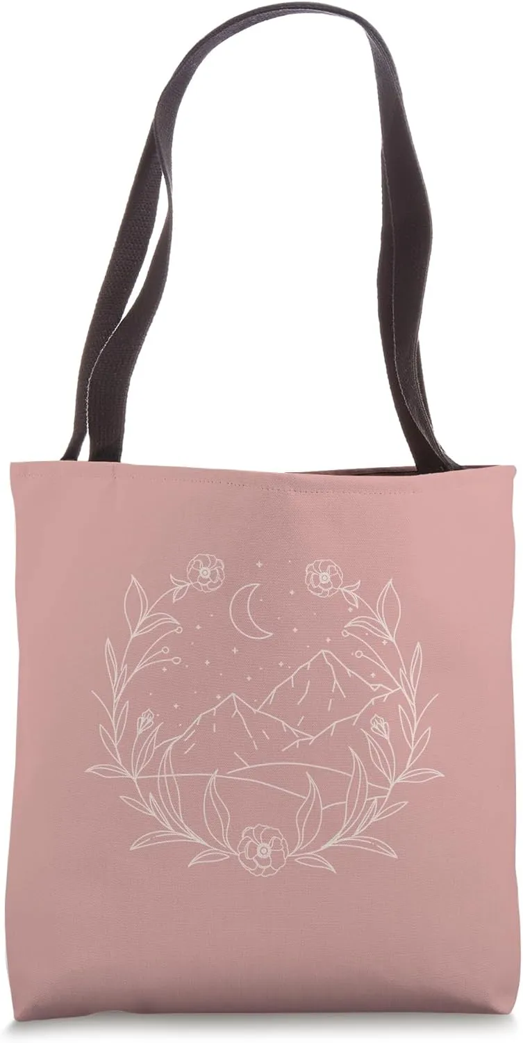 Boho Mountain Moon Night Botanical Floral (Dusty Rose) Tote Bag