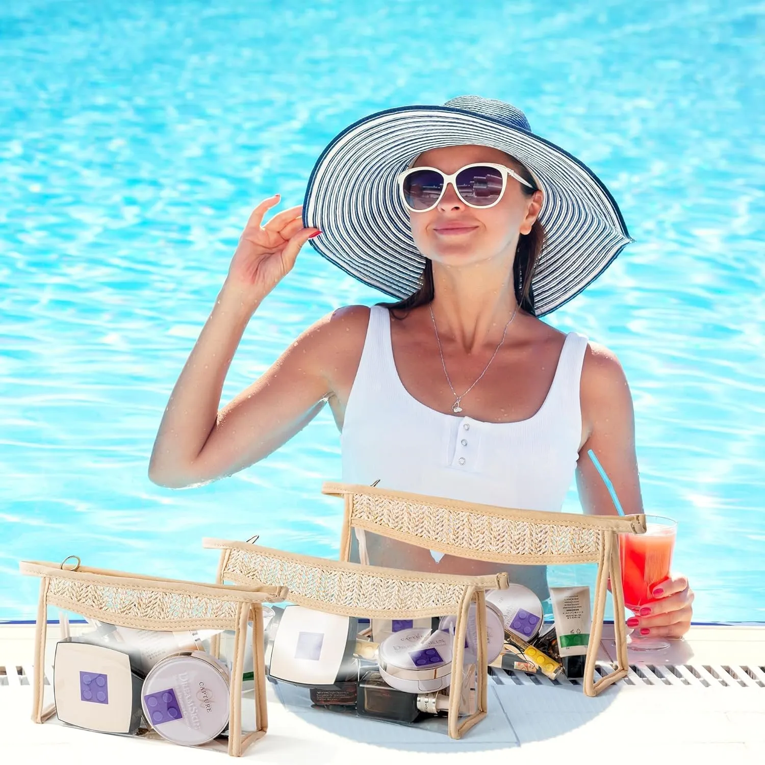 Boho Patch Cosmetic Bag - 3Pcs Summer Toiletry Bag Beige Clear Waterproof Travel Makeup Bag PVC Zipper Clutch Daily Use Purse Summer Beach Gifts for Women Girls (Clear Cosmetic Bag)