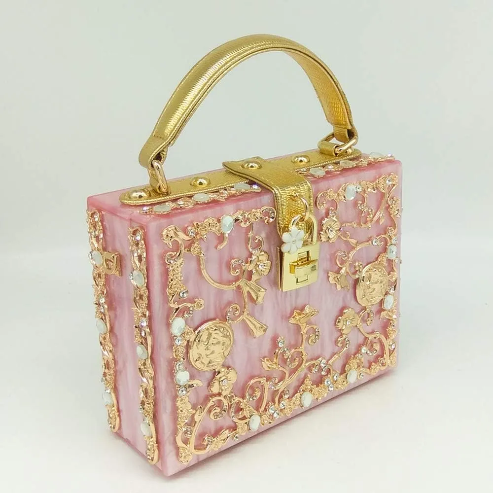 Boutique De FGG Acrylic & Flower Designer Shoulder Bags for Women Crossbody Bag Rhinestones Box Tote Evening Handbags,Small
