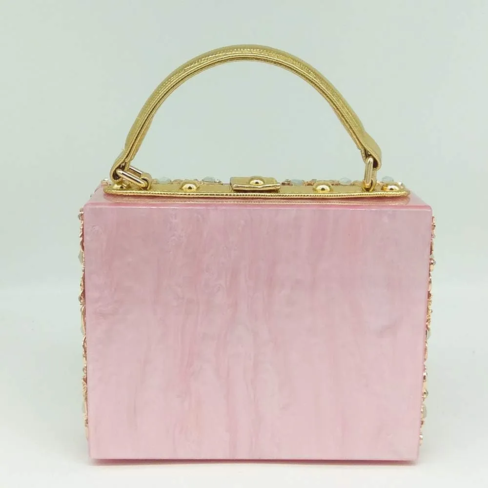 Boutique De FGG Acrylic & Flower Designer Shoulder Bags for Women Crossbody Bag Rhinestones Box Tote Evening Handbags,Small