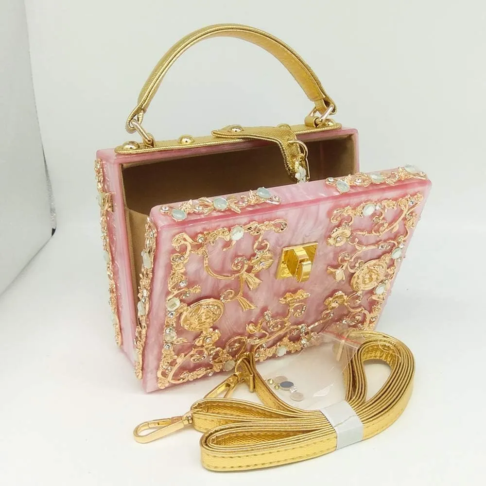 Boutique De FGG Acrylic & Flower Designer Shoulder Bags for Women Crossbody Bag Rhinestones Box Tote Evening Handbags,Small
