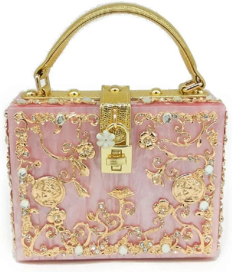Boutique De FGG Acrylic & Flower Designer Shoulder Bags for Women Crossbody Bag Rhinestones Box Tote Evening Handbags,Small