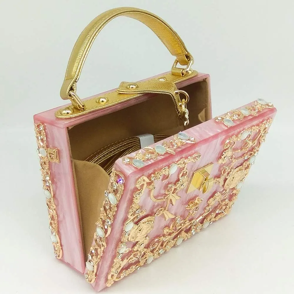 Boutique De FGG Acrylic & Flower Designer Shoulder Bags for Women Crossbody Bag Rhinestones Box Tote Evening Handbags,Small