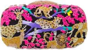 Boutique De FGG Forest Jungle Animal World Crystal Clutch Purse for Women Formal Evening Bags Rhinestone Clutch Handbag,Mini