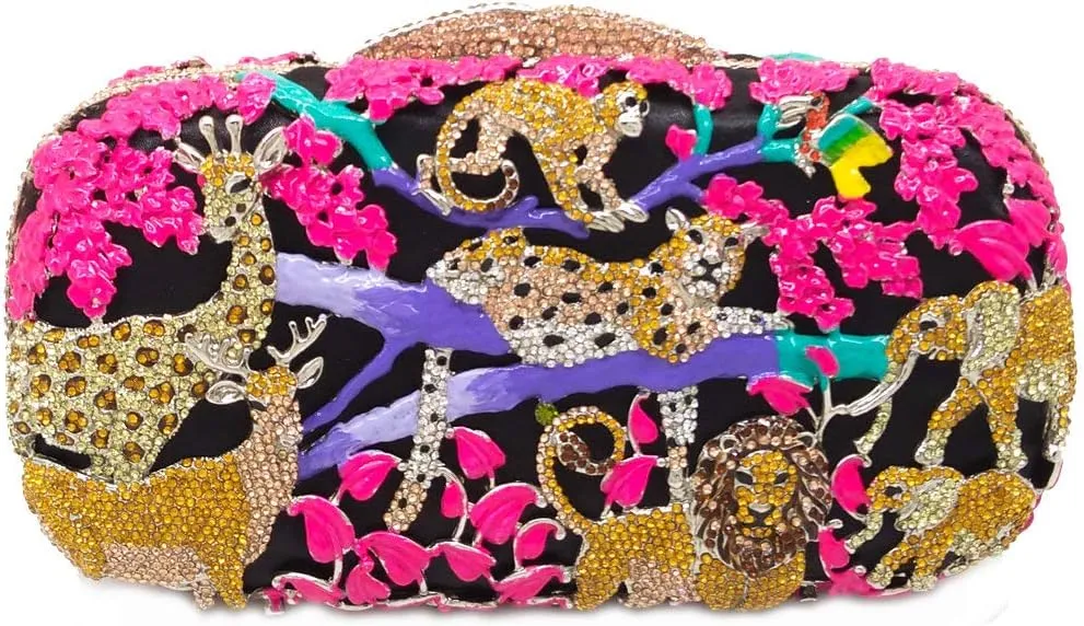 Boutique De FGG Forest Jungle Animal World Crystal Clutch Purse for Women Formal Evening Bags Rhinestone Clutch Handbag,Mini