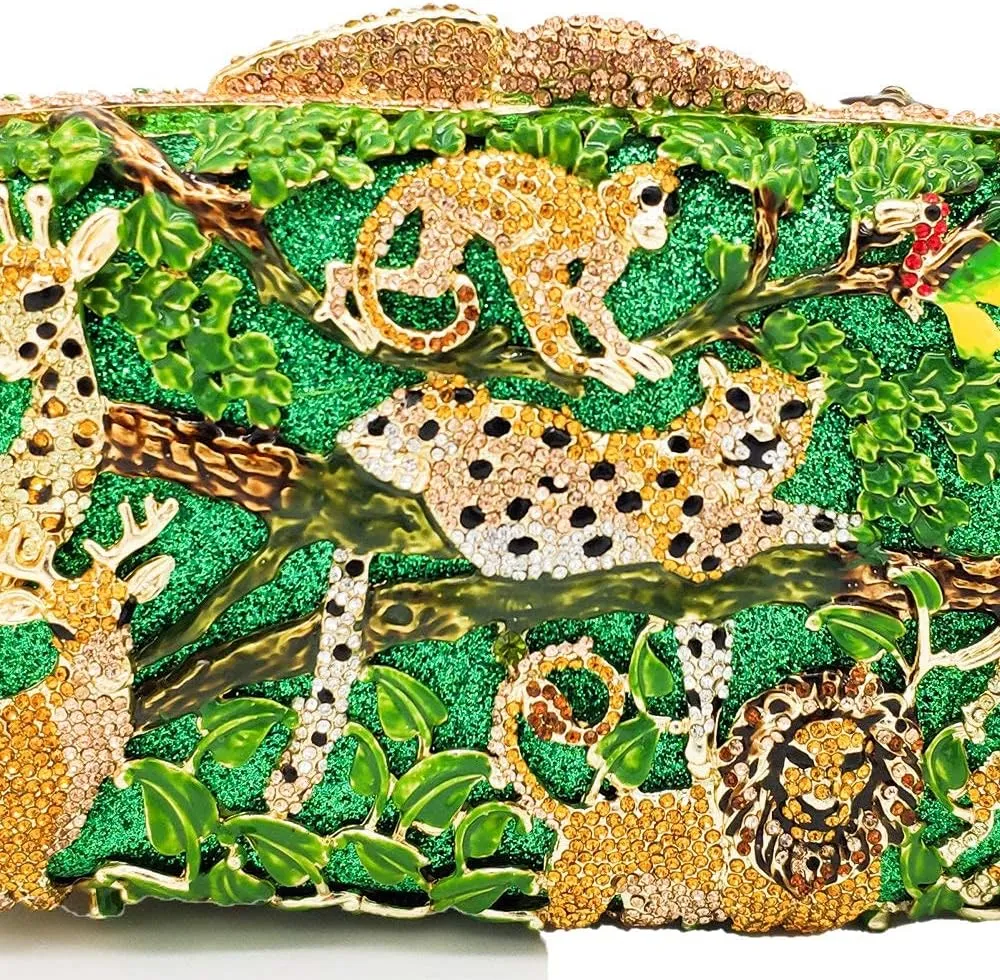 Boutique De FGG Forest Jungle Animal World Crystal Clutch Purse for Women Formal Evening Bags Rhinestone Clutch Handbag,Mini