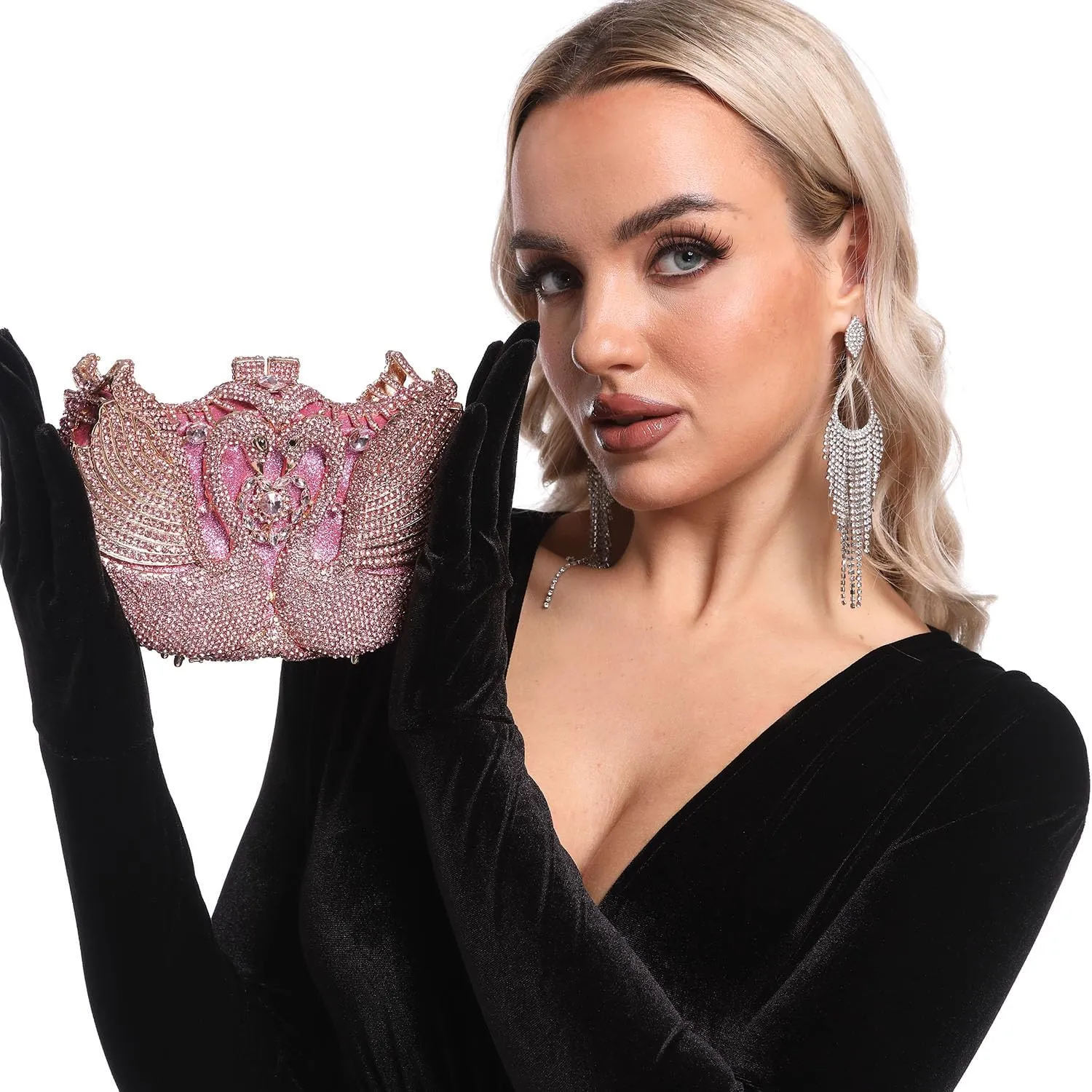 Boutique De FGG Swan Crystal Clutch for Women Evening Handbags Wedding Party Rhinestone Clutch Purse Animal Minaudiere,Mini