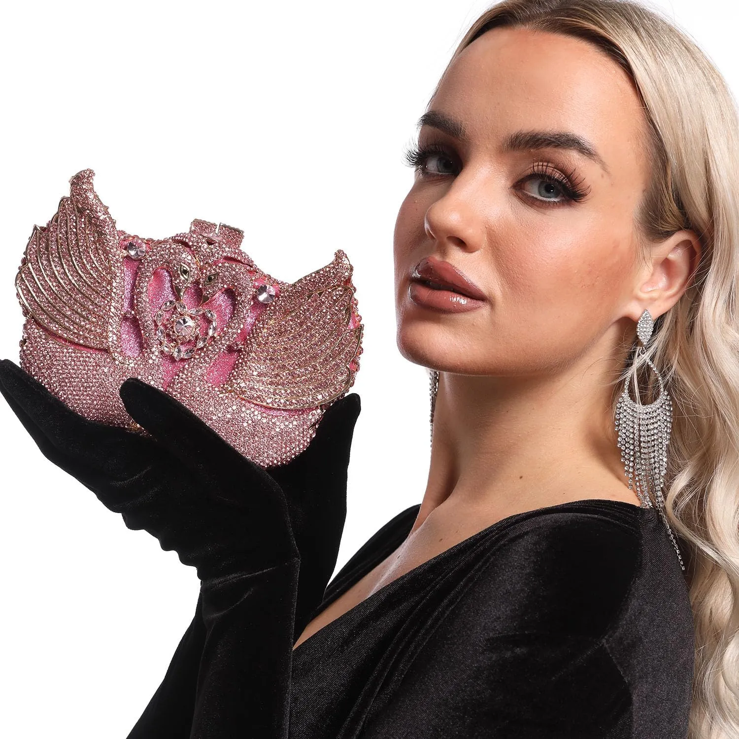 Boutique De FGG Swan Crystal Clutch for Women Evening Handbags Wedding Party Rhinestone Clutch Purse Animal Minaudiere,Mini