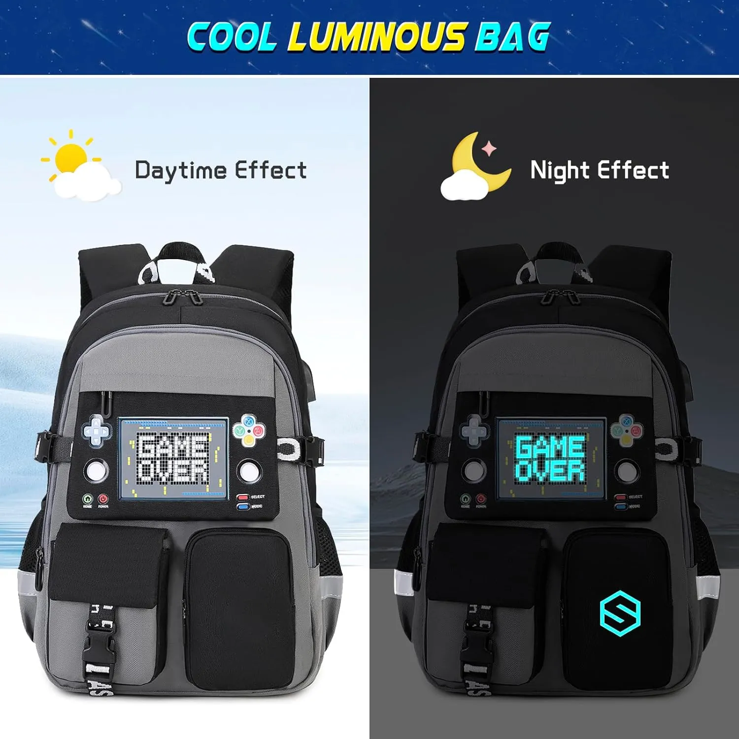 Boys Backpack, Cool Luminous School Backpacks for Boys with Lunch Bag Pencil Case, Kids Backpack Kindergarten Elementary Middle School Book Bags for Teen Boys Children with USB Charging Port