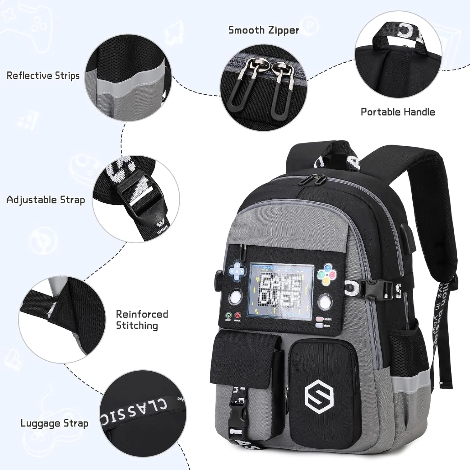 Boys Backpack, Cool Luminous School Backpacks for Boys with Lunch Bag Pencil Case, Kids Backpack Kindergarten Elementary Middle School Book Bags for Teen Boys Children with USB Charging Port