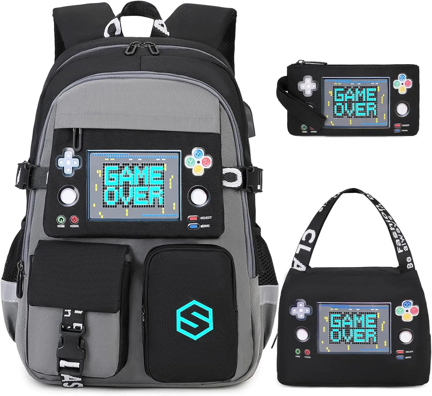 Boys Backpack, Cool Luminous School Backpacks for Boys with Lunch Bag Pencil Case, Kids Backpack Kindergarten Elementary Middle School Book Bags for Teen Boys Children with USB Charging Port
