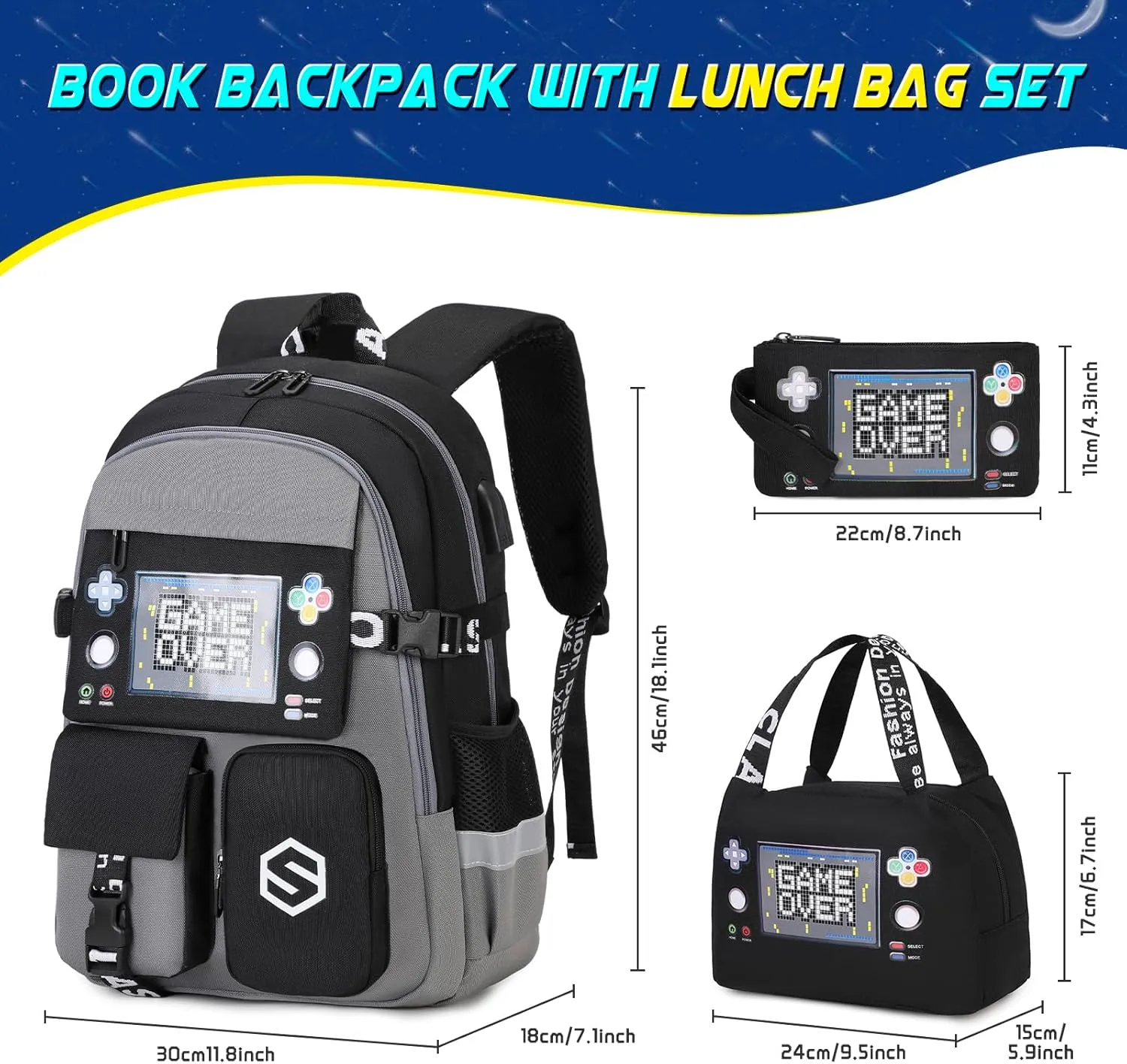 Boys Backpack, Cool Luminous School Backpacks for Boys with Lunch Bag Pencil Case, Kids Backpack Kindergarten Elementary Middle School Book Bags for Teen Boys Children with USB Charging Port