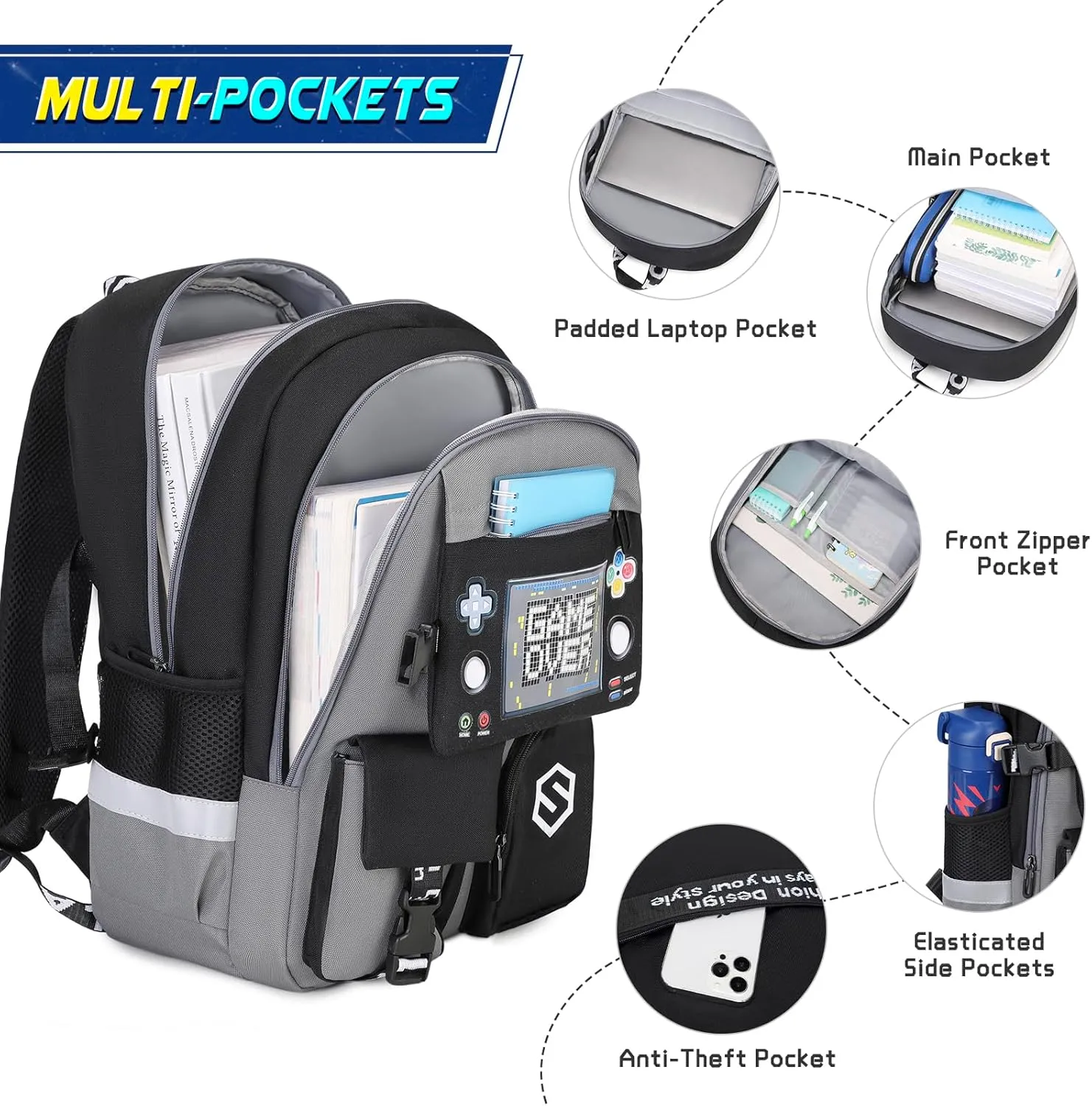 Boys Backpack, Cool Luminous School Backpacks for Boys with Lunch Bag Pencil Case, Kids Backpack Kindergarten Elementary Middle School Book Bags for Teen Boys Children with USB Charging Port