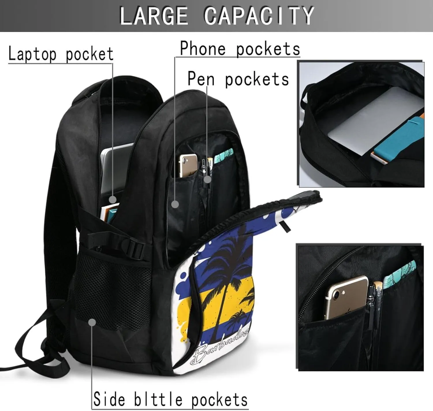 Bridgetown Barbados Flag Sunset Casual Travel Backpacks Hiking Camping Backpack Large Outdoor Sport Daypack Laptop Rucksack Climbing Working Bags with USB Port