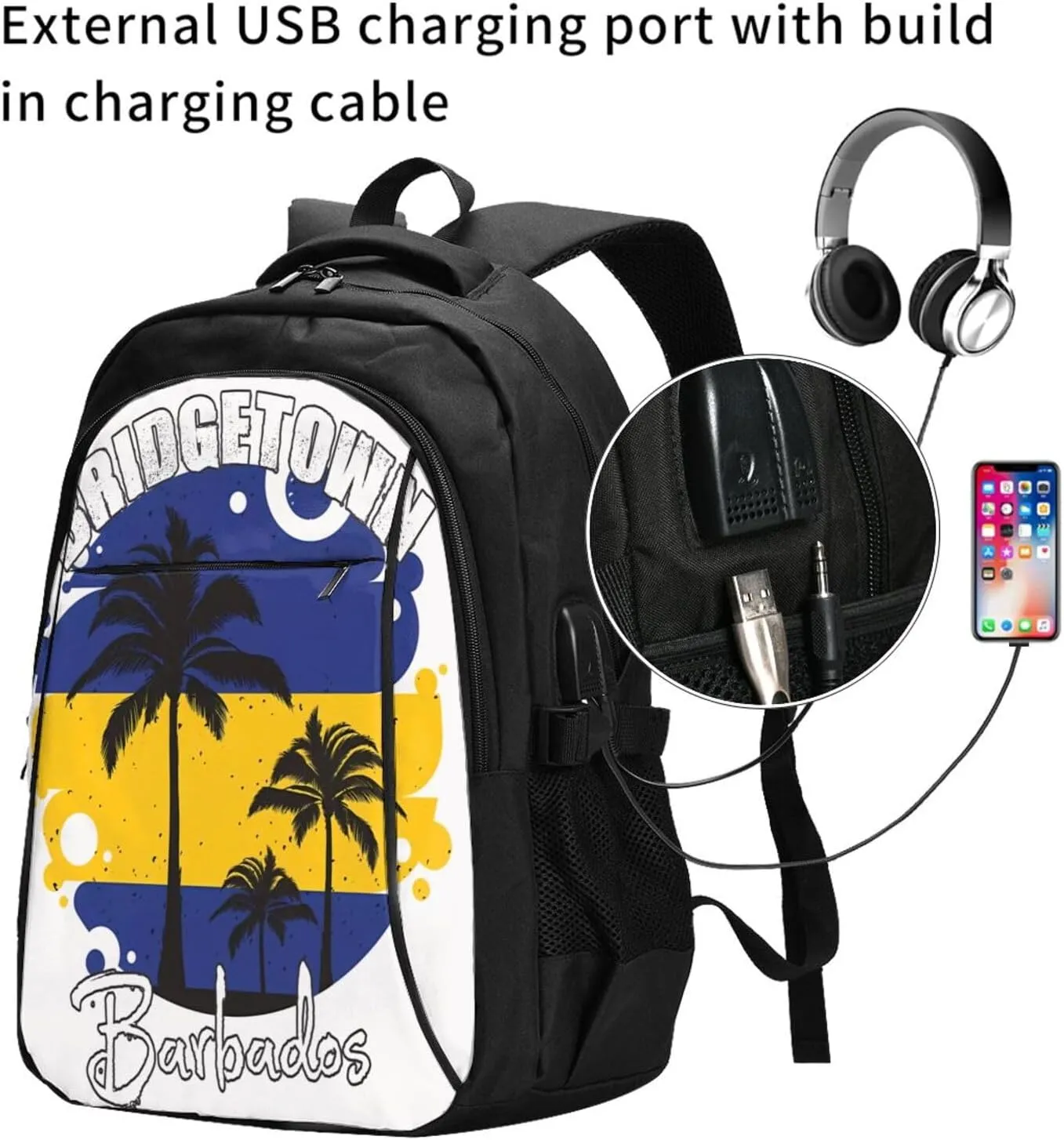 Bridgetown Barbados Flag Sunset Casual Travel Backpacks Hiking Camping Backpack Large Outdoor Sport Daypack Laptop Rucksack Climbing Working Bags with USB Port