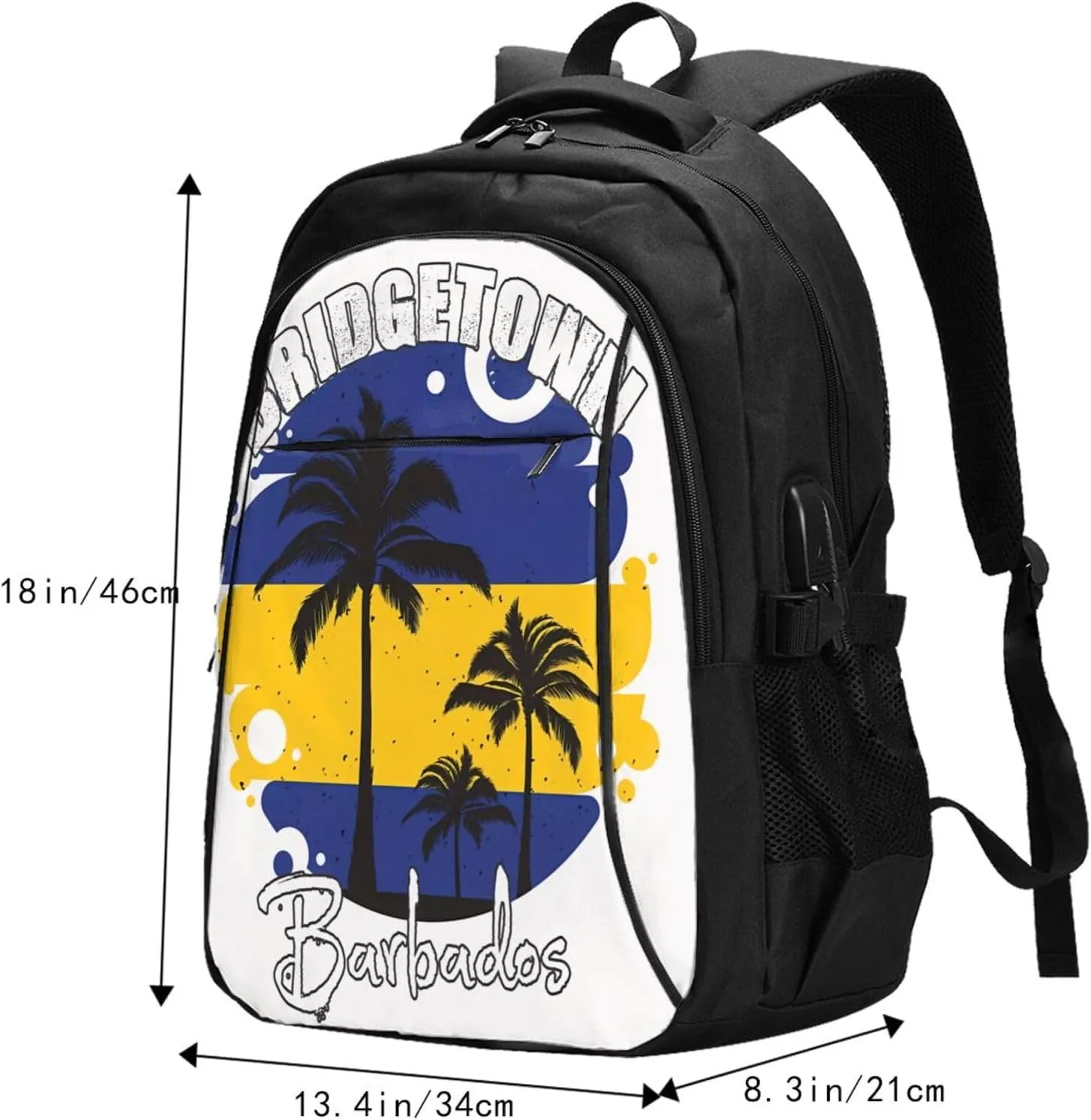Bridgetown Barbados Flag Sunset Casual Travel Backpacks Hiking Camping Backpack Large Outdoor Sport Daypack Laptop Rucksack Climbing Working Bags with USB Port