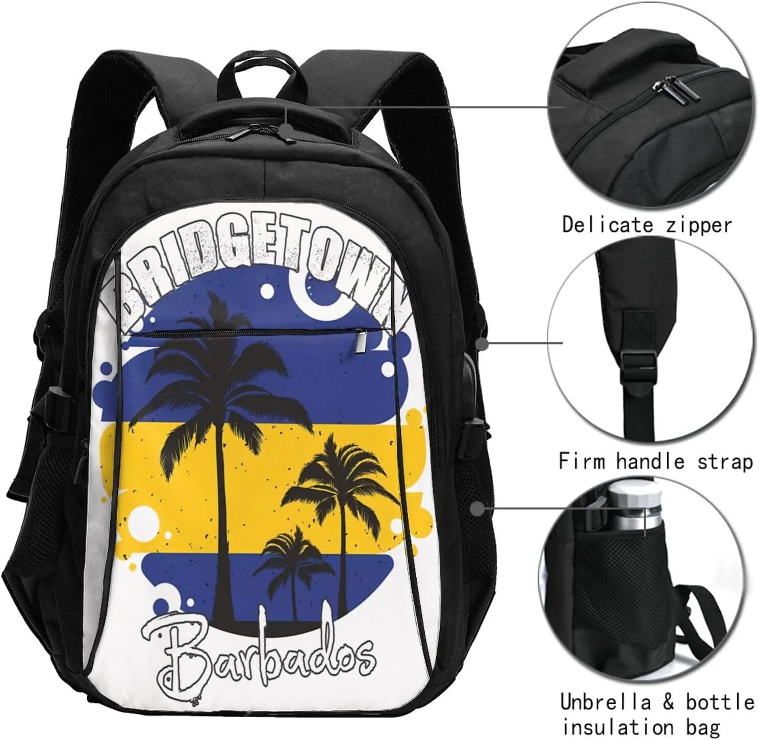 Bridgetown Barbados Flag Sunset Casual Travel Backpacks Hiking Camping Backpack Large Outdoor Sport Daypack Laptop Rucksack Climbing Working Bags with USB Port