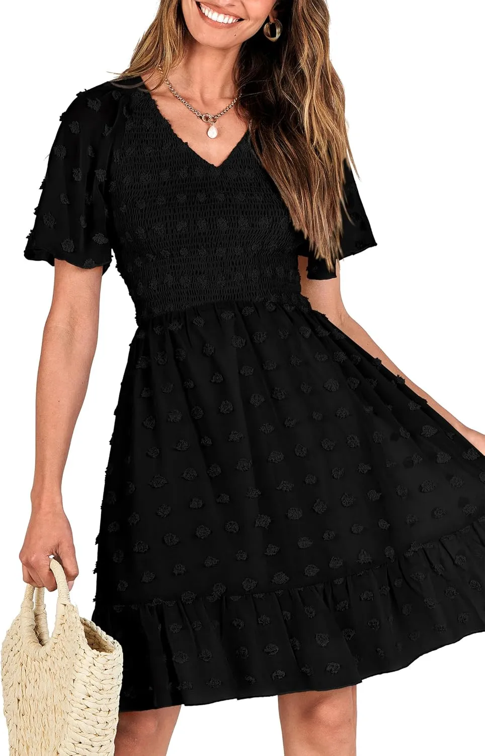 BTFBM Womens Beach Vacation Dress V Neck Short Sleeve Smocked Swiss Dot Casual Ruffle Mini Spring Summer Dresses 2025