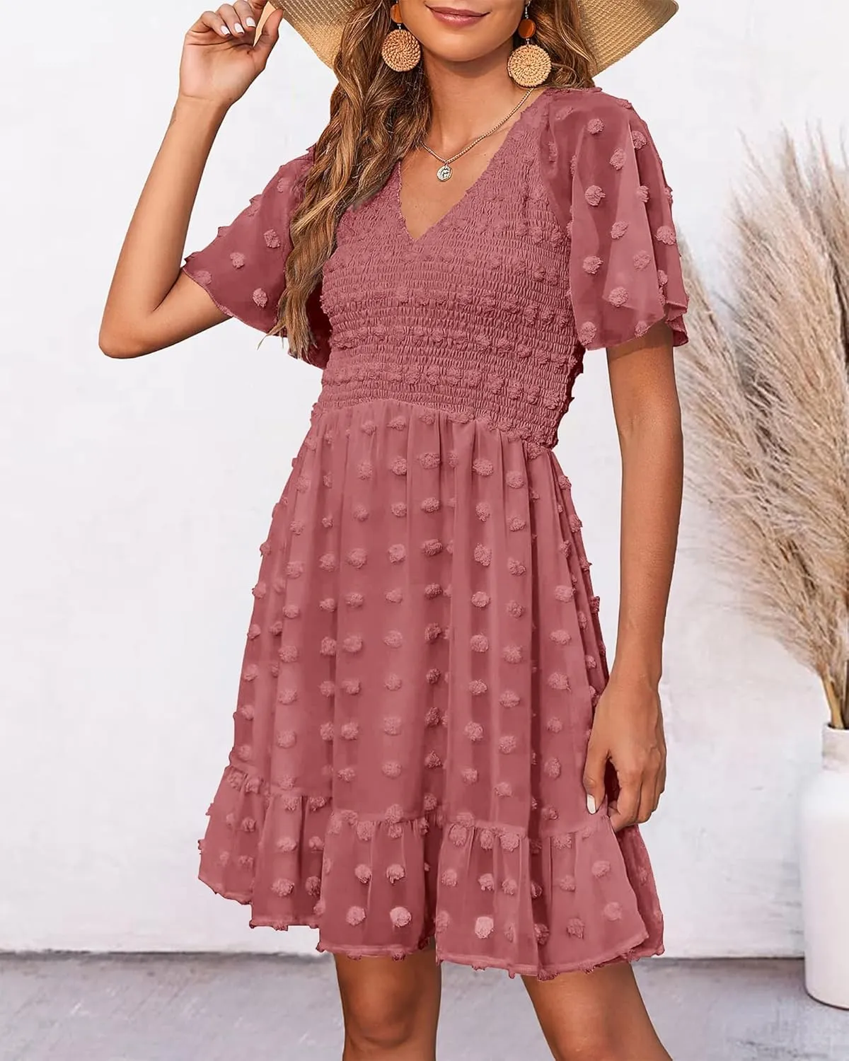 BTFBM Womens Beach Vacation Dress V Neck Short Sleeve Smocked Swiss Dot Casual Ruffle Mini Spring Summer Dresses 2025