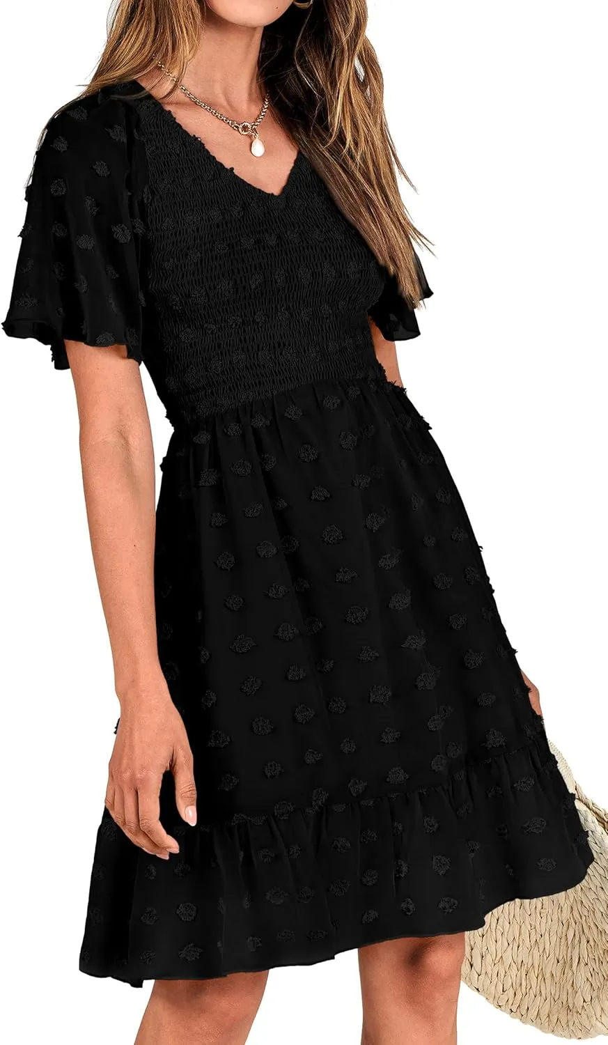 BTFBM Womens Beach Vacation Dress V Neck Short Sleeve Smocked Swiss Dot Casual Ruffle Mini Spring Summer Dresses 2025
