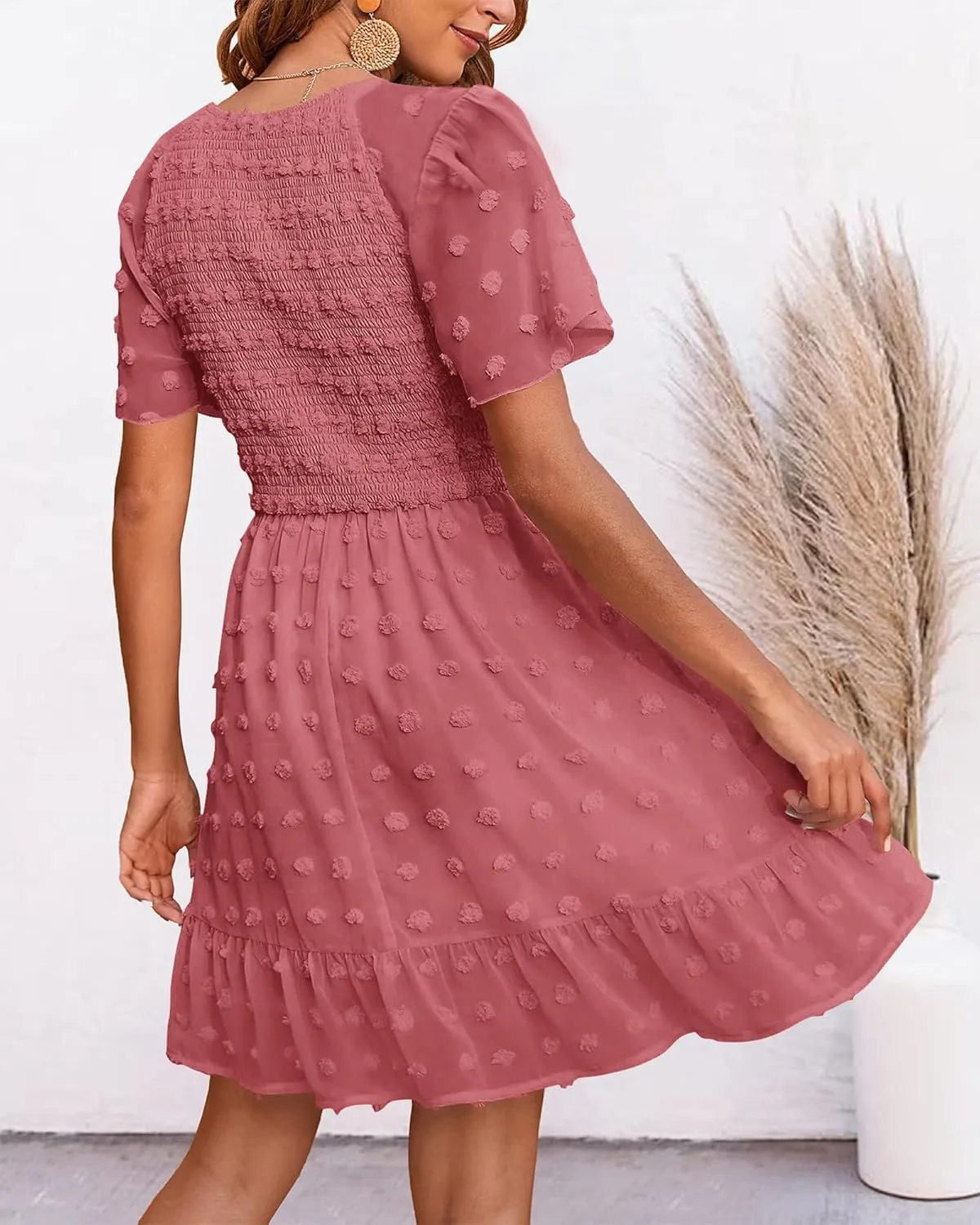BTFBM Womens Beach Vacation Dress V Neck Short Sleeve Smocked Swiss Dot Casual Ruffle Mini Spring Summer Dresses 2025
